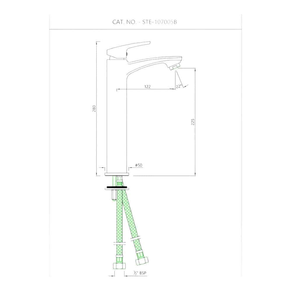 Essco Jaquar (STE-CHR-107005B) 600 mm Long Braided Hoses & Single Lever High Neck Basin Mixer without Popup Waste - Chrome - Image 2
